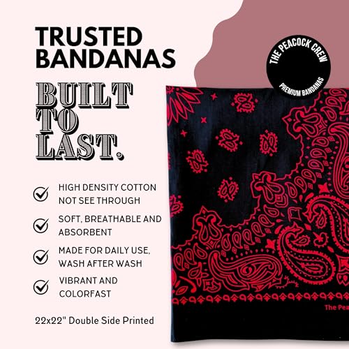 The Peacock Crew Premium Soft Cotton Bandanas Pack for Men and Women Paisley 22 x 22 inches - color: Pack of 10 Black Red