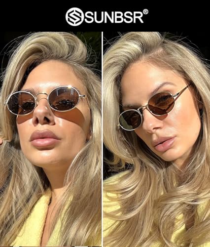 Retro Oval Sunglasses for Women Men 90s Trendy Small Round Gold Sun Glasses Fashion Narrow Metal Frame Shades - color: A2 Gold/Brown