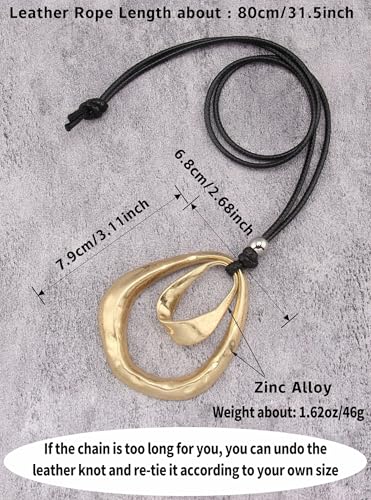 Kelake Leather Necklace for Women Men Teen Vinatge Boho Alloy Pendant Choker Jewelry Fashion Sweater Necklaces with Adjustable Genuine Leather Chain - color: Gold Pear-shaped Double Circles Pendant