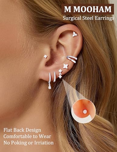M MOOHAM Flat Back Earring Stacks for Women, Hypoallergenic 14k Real Gold Plated Hoop Stud Cartilage Earrings Stack Set Small Cute Helix Huggie Hoop Drop Earrings Trendy Jewelry Gifts for Women - color: Silver-Plated