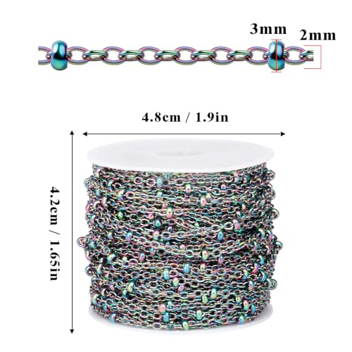 33 Feet Multicolor Stainless Steel Satellite Chain Roll, 2mm 304 Stainless Steel Colorful Ball Beaded Cable Link Chains Spool Bulk for Jewelry Making DIY Craft - color: Colorful Small Beads Satellite Cable Chain