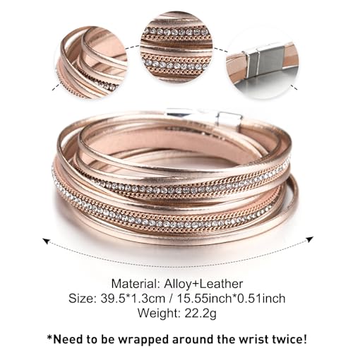 Fesciory Leather Wrap Bracelets for Women, Boho Leopard Multi-Layer Crystal Beads Cuff Bracelet Jewelry - color: B23:Champagne Rhinestone(Double Wrap)