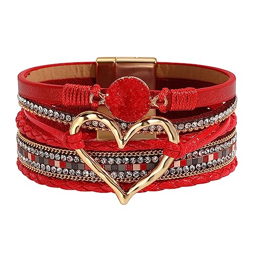 Womens Multi Layer Heart Leather Wrap Bracelet Boho Stackable Cuff Bangle Magnetic Clasp Crystal Birthday Valentine Gift - color: Red