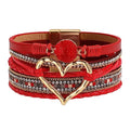 Womens Multi Layer Heart Leather Wrap Bracelet Boho Stackable Cuff Bangle Magnetic Clasp Crystal Birthday Valentine Gift - color: Red