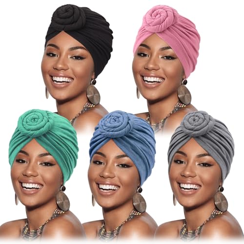 DRESHOW 5 Pack Knotted Headwraps for Women African Turban Pre-Knotted Beanie Headwraps Hair Covers - color: 5 Pack Donuts: Blue, Lake Green, Pink, Grey, Black