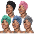 DRESHOW 5 Pack Knotted Headwraps for Women African Turban Pre-Knotted Beanie Headwraps Hair Covers - color: 5 Pack Donuts: Blue, Lake Green, Pink, Grey, Black