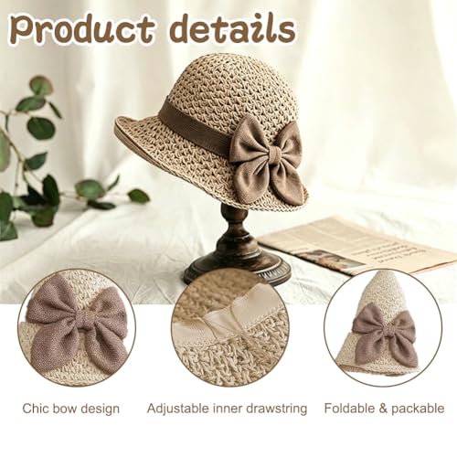 Womens Straw Hat Foldable Wide Brim Floppy Beach Sun Hats, Bucket Cap with Bowknot for Girls - color: Beige