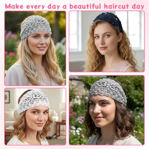 Tucnoeu 3pcs Boho-Chic Crystal & Pearl Embellished Wide Headbands, Wide Boho Pearl Headband for Wome, Floral Beaded Lace Elastic Headband Suitable for Daily Wear and Weddings Stylingvarious Holidays - color: blue, white, silver