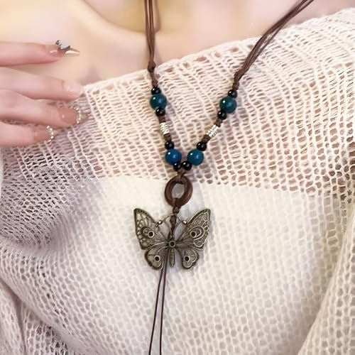 Boho Necklace for Women,Vintage Butterfly Pendant Necklaces,Adjustable Wooden Beads Layered Braided Choker,Fashion Tribal Style Leather Rope Necklace Jewelry,Chunky Statement Gift for Women - color: Bronze-colored