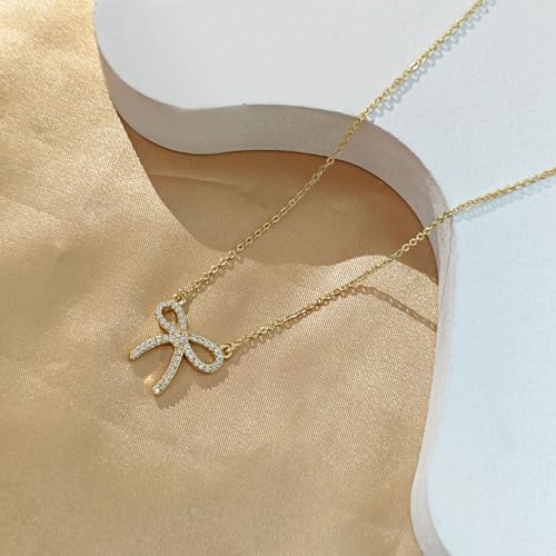 OGD Gold Necklace for Women, Bow Necklace 14K Layered Gold Necklace Dainty Bow Pendant Choker Necklace Trendy Bow Necklace Gold Chain Necklaces for Women Jewelry Gift - color: Cubic Zirconia Bow-Gold