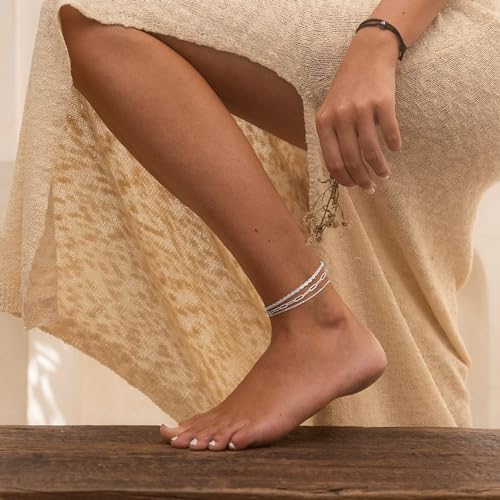DEARMAY 14K Gold Plated Ankle Bracelets for Women Waterproof - Dainty 6Pcs Anklets Layered Cuban Link Chain Herringbone Cute Anklets Set Pack Summer Beach Jewelry Gift for Women Teen - color: Silver Anklet A