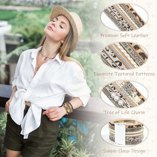 Leather Wrap Bracelet for Women, Boho Cuff Bracelet with Strong Clasp, Multi-Layer Crystal Leather Bracelet for Valentine Mother's Day - color: 02-Tree of Life-Leopard)