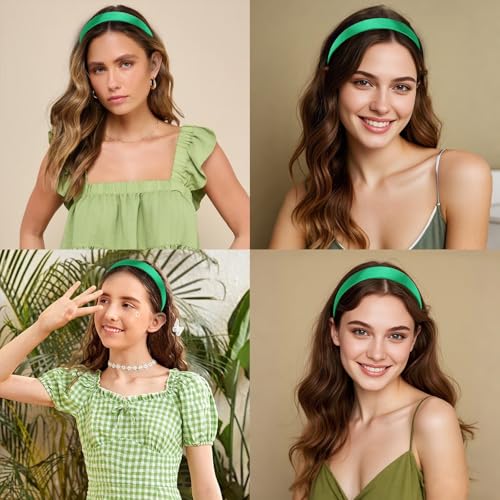 Wecoe 10 Pack Green Headbands 1 Inch Wide Satin Headbands Women Non Slip Fashion Plain Head Bands Solid Hair Bands DIY St. Patrick's Day Hair Accessories for Women Girls Diademas Para Mujer - color: Green