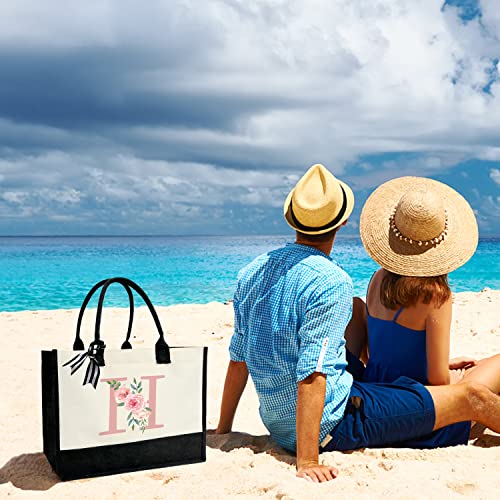 Initial Canvas Tote Bag for Women, Beach Bag with Inner Zipper Pocket Personalized Gifts for Wedding, Birthday | Initial - color: H