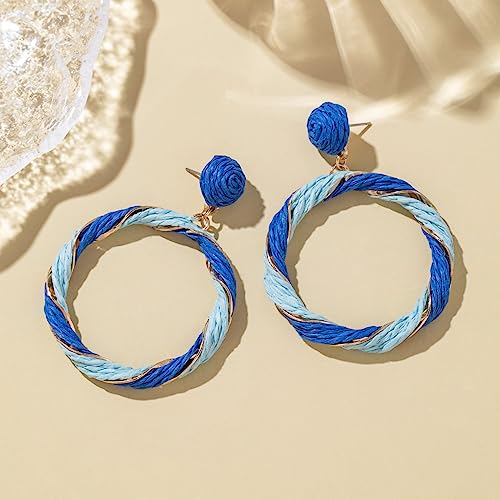 Boho Raffia Hoop Dangle Earrings Twisted - Statement Rattan Round Geometric Earrings For Summer Beach Vacation - color: BLUE