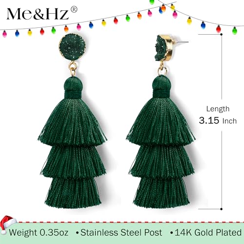 Me&Hz Colorful Layered Tassel Earrings Bohemian Statement Tiered Tassel Big Dangle Drop Earrings for Women Druzy Studs Valentine’s Day Gift - color: Deep Green