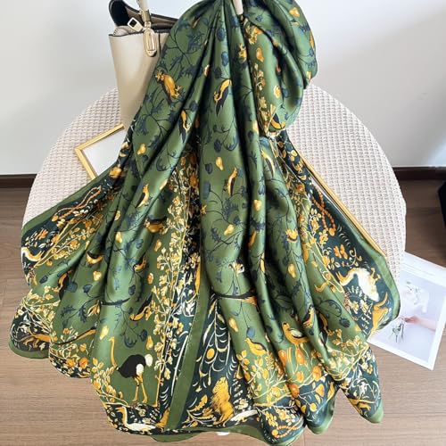 Long Silk Like Scarf Lightweight Satin Scarves Large Sunscreen Shawl Wrap for Women - color: 001.birds and Flowers Green