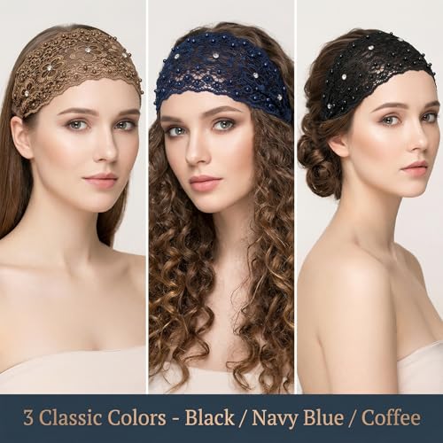 Chedin 3pcs Boho-Chic Wide Elastic Lace Headbands for Women - Crystal, Pearl & Floral Beaded, Fit Daily Wear/Weddings/Holidays