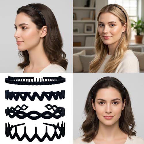Set of 8 Non Slip Plastic Headbands for Women Men Teen and Girls, Black Matte Material Hair Bands, Wide and Skinny Head Bands with Teeth Comb (4 Styles Set 2) - size: 1 Count (Set of 8 headbands, 4 styles Set 2)