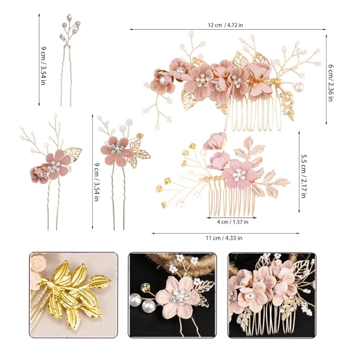 Floral Hair Comb Set for Women - 10PCS Pink Flowers Hairs Accessories & Gold Hair Pins for girls, Victorian Hair Clips for Wedding, Prom, Mother of Bride, Flower Girl (Rose Gold, Fake Flowers) - color: Pink-F10