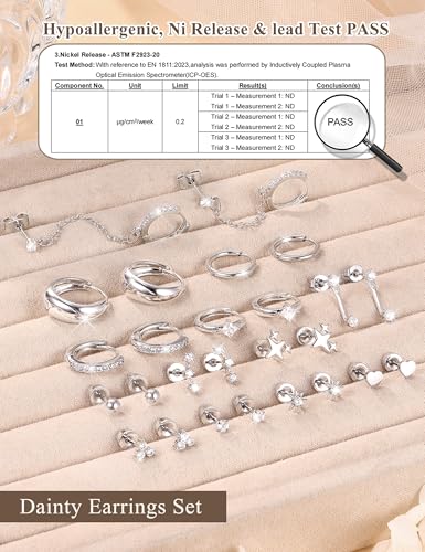 Florideco Flat Back Earrings Hypoallergenic Surgical Steel Earrings for Women Trendy Cartilage Chain Earring 14K Gold Plated Star Heart CZ Flatback Stud Earring Sets for Multiple Piercing - color: Silver