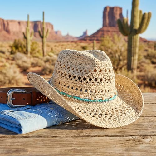 Adjustable Cowboy Hat Band for Women Men, Turquoise Cowboy Beaded Bands, Cowgirl Rope Belt for Panama Fedora - color: Green A
