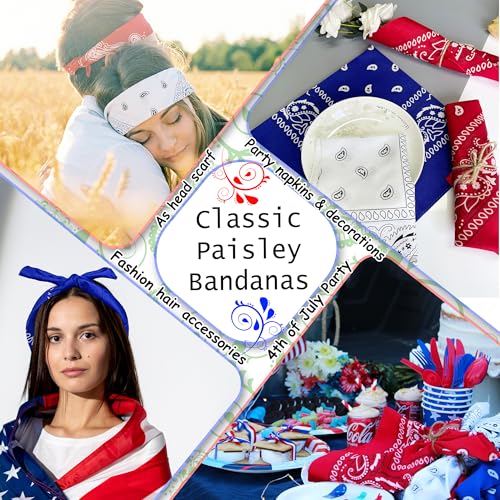 ILHSTY 60 Pcs Women Men Paisley Bandanas Bulk Unisex Bandanas Head Cowboy Scarf Necktie handkerchief Party Supplies - color: Red White Royal Blue