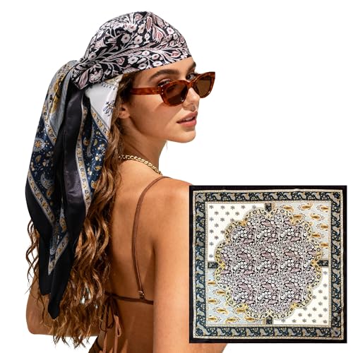 Large Square Head Scarf Bandana - 35" Satin Hair Scarf for Women Like Silk Scarf Fashion Hair Wrapping - color: Paisley Garden(black), size: 35IN*35IN