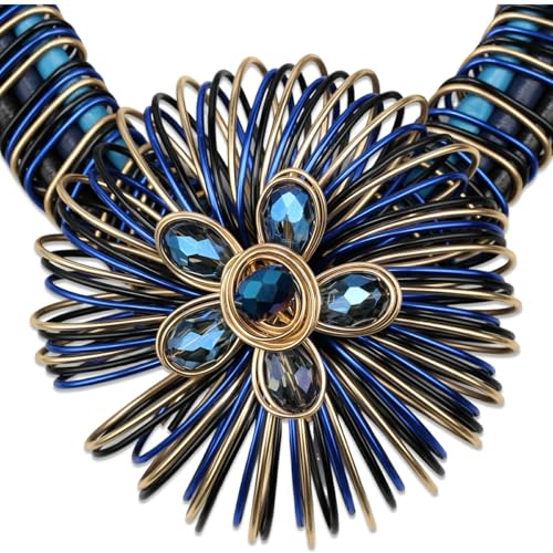 Ethnic Crystal Rhinestone Pendant Necklace Earrings Set Women Handmade Tribal Collar Choker Chunky Metal Bib Rope Chain African Statement Jewelry Set - color: NXR1418-blue