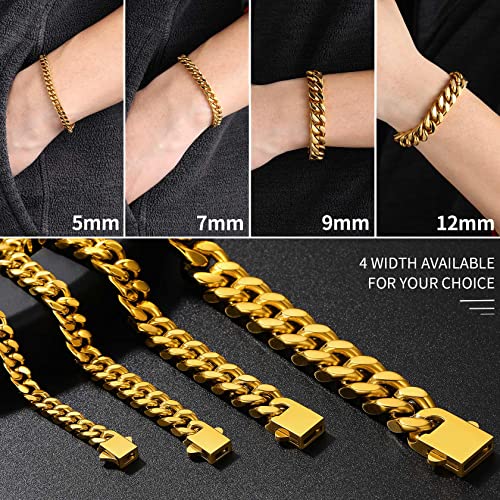 ChainsHouse Stainless Steel Cuban Link Bracelet for Men, 5mm/7mm/9mm/12mm Width, 7.5"/8.3"/9" Length, Black/18K Gold Plated Chain Wrist Bracelets for Men, with Gift Box - color: c. 7mm width-gold, size: 7.5 Inches