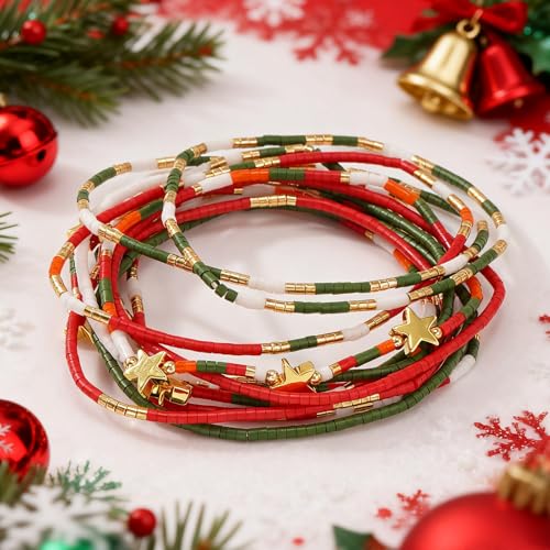 Dainty Gold Beaded Star Bracelets Stack for Women,Handmade Boho Colorful Beads Bracelet Fashion Prom Holiday Jewelry Gift Friendship Family - color: Christmas