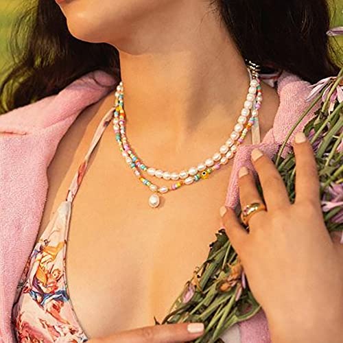 Wellike Freshwater Pearl Beaded Necklace for Women Handmade Boho Colorful Glass Beads Choker Necklace Stainless Steel 18K Gold Plated Bohemian Women Summer Jewelry Gifts - color: KKWX1150