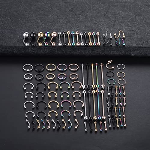 100PCS Piercing Kit Jewelry 14G 16G 20G Nose Rings Lip Studs Tongue Rings Stainless Steel Cartilage Earrings Tragus Eyebrow Industrial Barbell Belly Rings Body Piercing Kit Jewelry - color: Mixed-Color