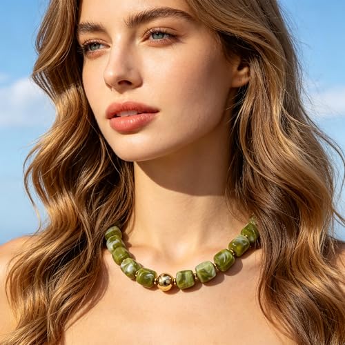 Chunky Beaded Necklace for Women Boho Colorful Statement Choker Necklaces Summer Beach Resin Jewelry Accessories - color: Lime Green