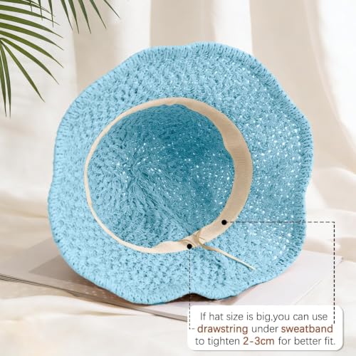 Sun Hat for Women Beach Hat Straw Bucket Hat Summer UV Protection, Packable Breathable Crochet Style - color: 1pack-light Blue