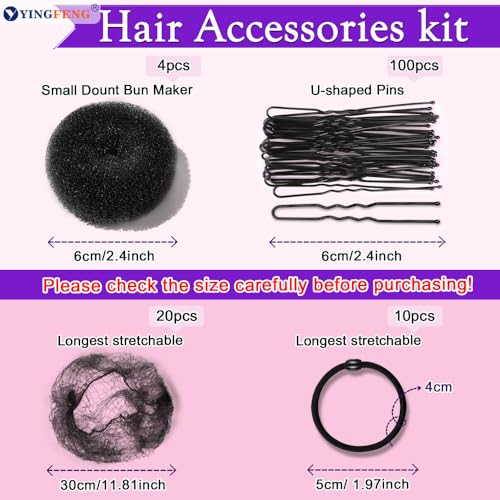 YINGFENG 134 Pcs Black Hair Bun Maker Kit for Kids Small - 4 Hair Donuts for Buns, 20 Hair Nets for Buns, 100 U Shaped Bobby Pins, 10 Hair Bands, for Girls, Ballet Dance, Hair Accessories for Women - color: black, size: Small