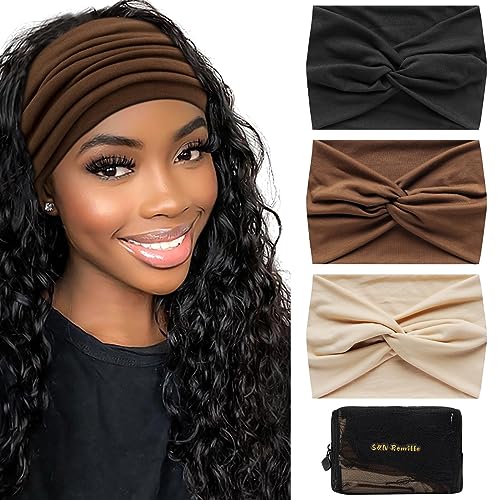 S&N Remille Wide Headbands for Women, Large Hairband, Elastic Non-Slip Headband Twist Knotted Accessories, Yoga Workout Vintage Hair 3 Pack (Colour-8) - color: Colour-8