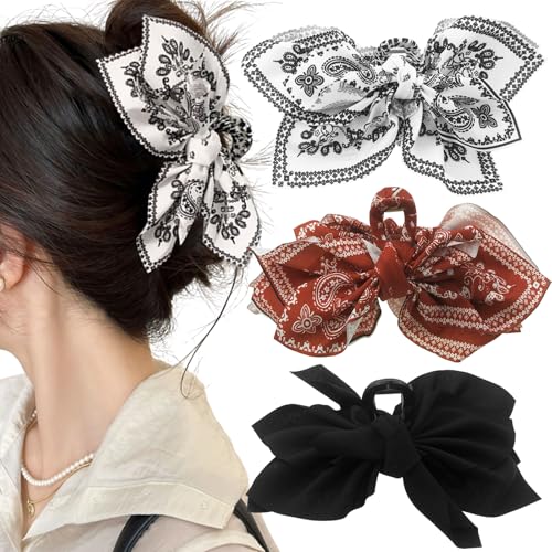 3 PACK Large Bow Western Hair Claw Clips,Boho Bandana Hair Bows Clips for WomenThick Hair Non-slip Hair Accessories for Girls - color: Black,White,Red