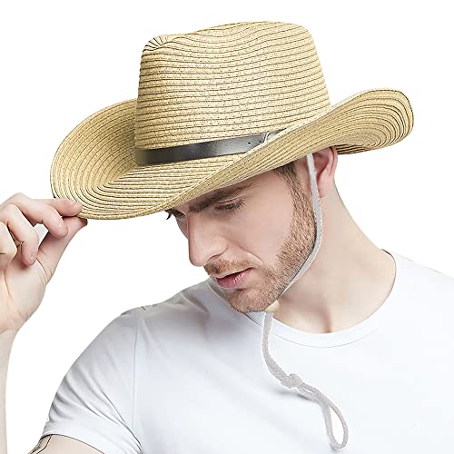 Wide Brim Straw Cowboy Hat for Men Women Western Cowgirl Sun Hat Packable UPF 50+ Beach Cap Shapeable Fedora Panama Cap - color: Beige