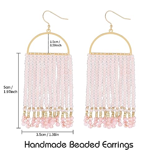 Bohemia Beaded Dangle Earrings - Handmade Seed Bead Earrings, Statement Beaded Tassel Earrings for Women - color: Light Pink
