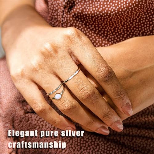MILACOLATO 3Pcs 925 Sterling Silver Rings for Women Men 18K White Gold Plated Thumb Pinky Knuckle Stackable Rings High Polished Hammered Twisted Opal Band Rings Set Comfort Fit Size 5 to 9