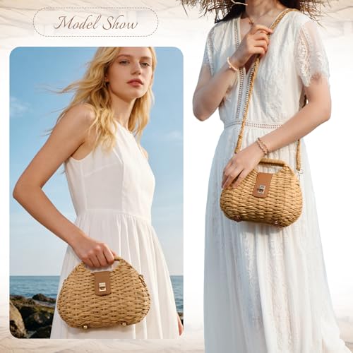Fecialy Straw Crossbody Bag for Women Handwoven Summer Beach Clutch Purses Boho Top Handle Shoulder Bags - color: Khaki