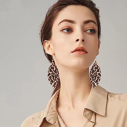 Large Genuine Soft leaf Leather Handmade Fringe Tassel Feather Lightweight Tear Drop Dangle Color Earrings for Women - color: Light Leopard