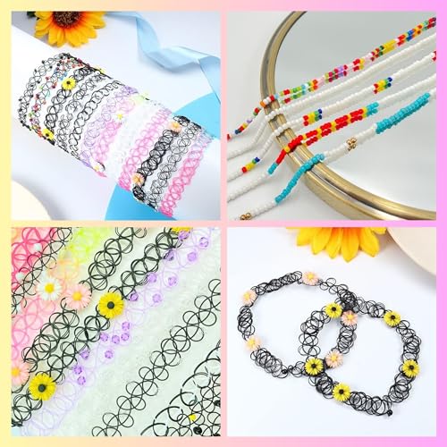 BodyJ4You 12PC Tattoo Choker Necklace for Women - 90s Choker Necklaces Y2K Fashion Trendy Vintage - Emo Black Choker Rainbow Pink White Purple Neon Green Blue Daisy Flower - color: Black, Rainbow, Blue