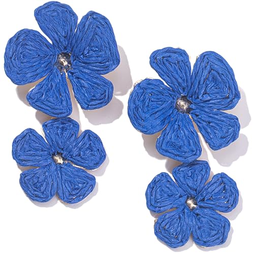 Boho Flower Earrings Statement Raffia Dangle Earrings Cute Floral Jewelry Trendy Summer Beach Vacation Outfits for Women - color: Royal Blue