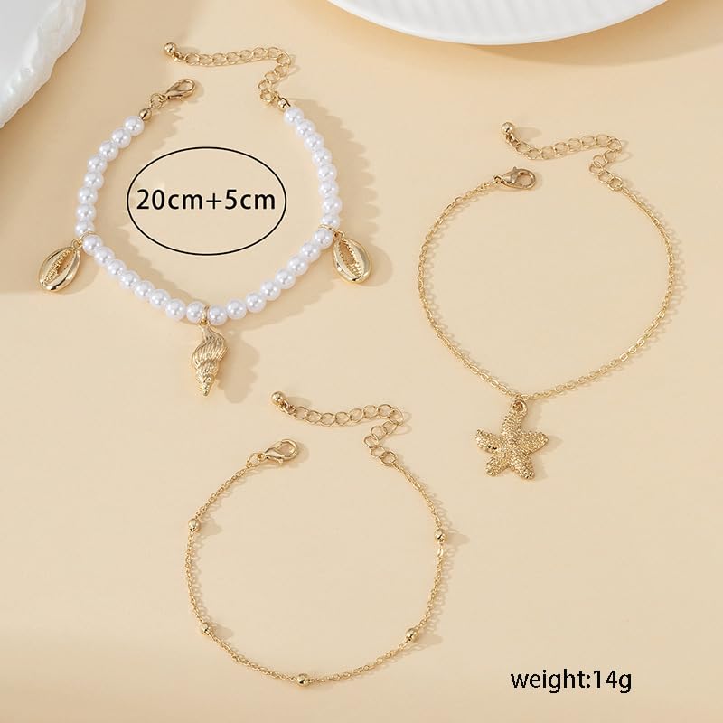 Ankle Bracelets for Women Waterproof Beach Jewelry for Women Elastic Beaded Anklets Boho Seashell Pearl Starfish Anklets for Women Foot Jewelry - style: 3 - 3 layer pearl shell conch
