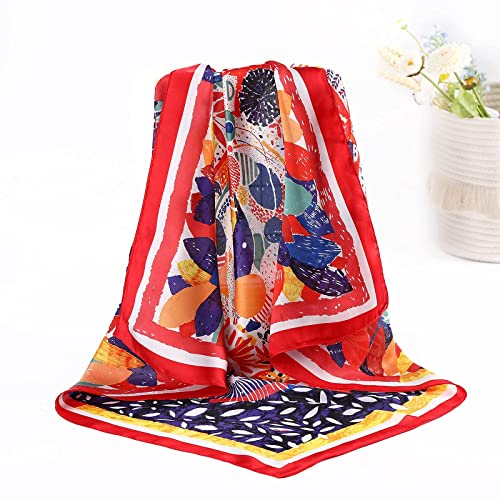 AWAYTR 27.5” Silk Satin Square Head Scarf - 4PCS Satin Head Scarves for Women Hair Kerchief Bandanas Sleeping Head Wraps - color: Flowering Leaves (Beige/Orange/Navy/Red)