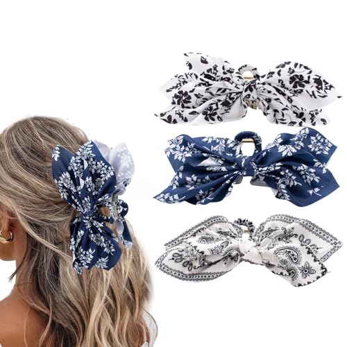 Bow Claw Clips Bow Hair Clips Blue White 3PCS Big Hair Bows for Women Butterfly Styling Large Hair Clips for Thick Hair for Girls Hair Accessories for Teen - color: 3PC-White Paisley+Blue Floral+White Floral