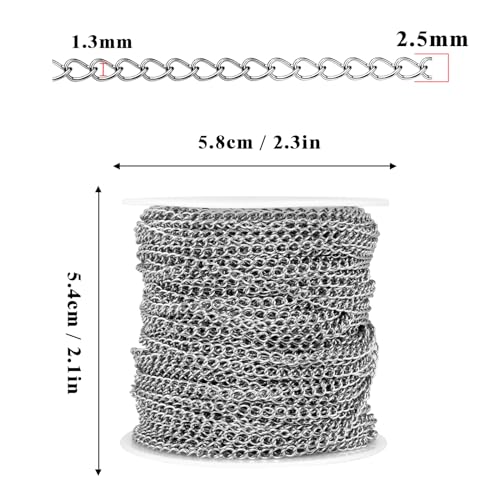[66 Feet/ 20M] Stainless Steel Curb Chain Roll, 2.5mm 304 Stainless Steel Extension Chain Twisted Link Curb Chains Bulk for Jewelry Making Bracelet Necklace Extender - color: Stainless Steel, size: 2.5mm width