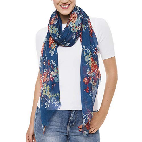 MELIFLUOS DESIGNED IN SPAIN Scarf for Women Lightweight Floral Flower Scarves for Summer Fall Shawl Wrap - color: Barcelona Collection 8 - Blue Elegant Floral
